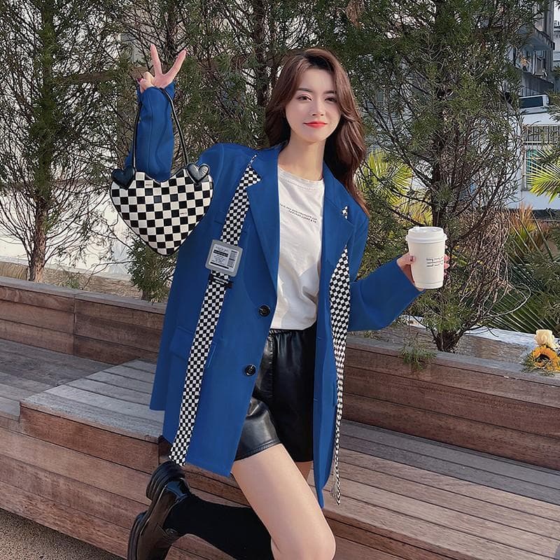 Women's New British Style Striped Tie Suit Jacket Women's Loose Suit XL blue