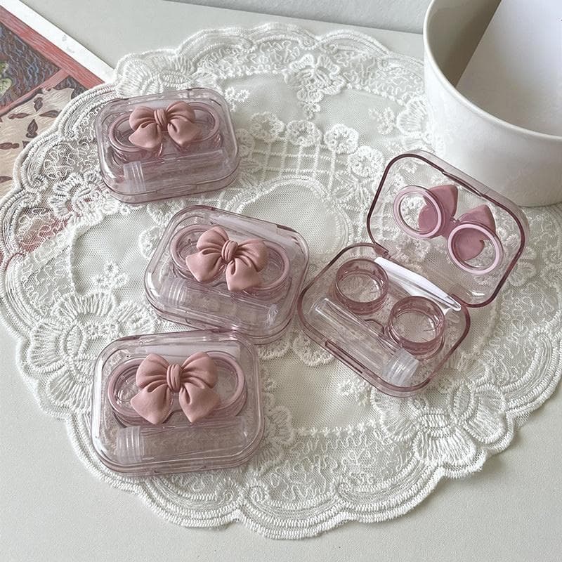 Contact Lens Cases Pink Transparent Love Bow Contact Lens Case Girl Portable Beauty Pupil Storage Box Travel Eye Care Container