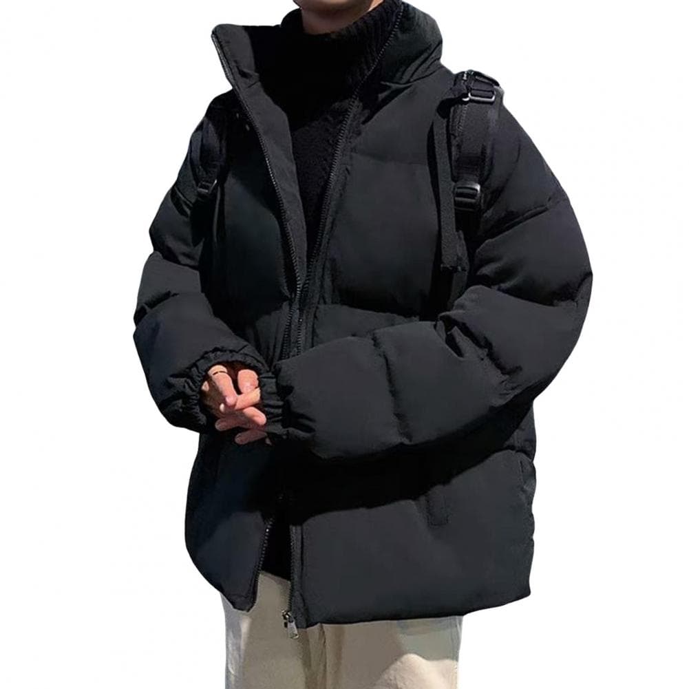 Men Cotton Padded Coat Stand Collar Long Sleeve Zipper Placket Thickened Jacket with Side Pockets Solid Color Puffer Outwear M black