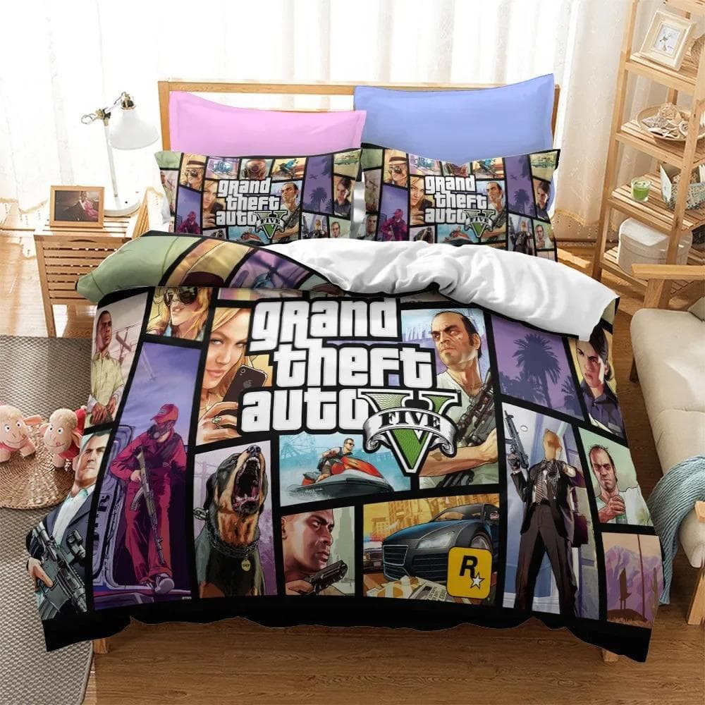 3D Cartoon Game Grand Theft Auto Duvet Cover with Pillow Cover Bedding Set Single Double Twin Full Queen King Bed Set Room Decor AU Double 180x210cm