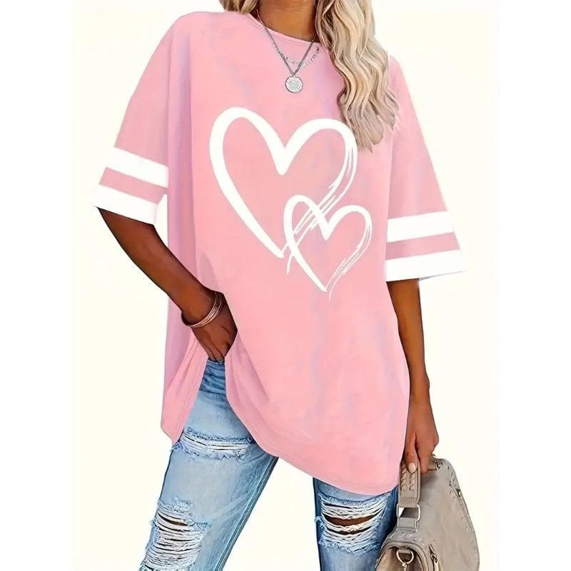 Plus Size Heart Print T-Shirt Casual Crew Neck Short Sleeve T-Shirt Women's Plus Size Clothing S