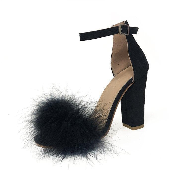 Women Summer Sandals Fluffy Peep Toe High Heels Feather Lady Wedding Shoes Large Size 42 black