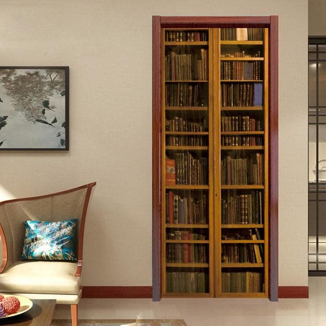 Wooden Bookshelf Door Stickers Spiral Staircase Library Retro Literature Art Bookstore Decor Renovation PVC Wallpaper Sticker 40x120cm