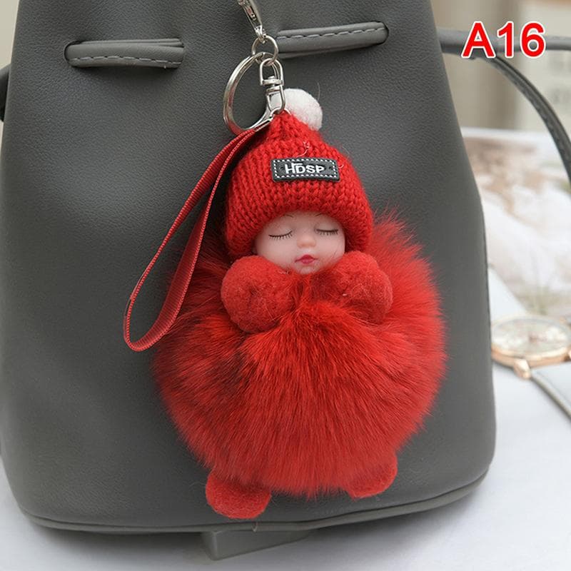 Pompom Sleeping Baby Keychain Cute Fluffy Plush Doll Keychains