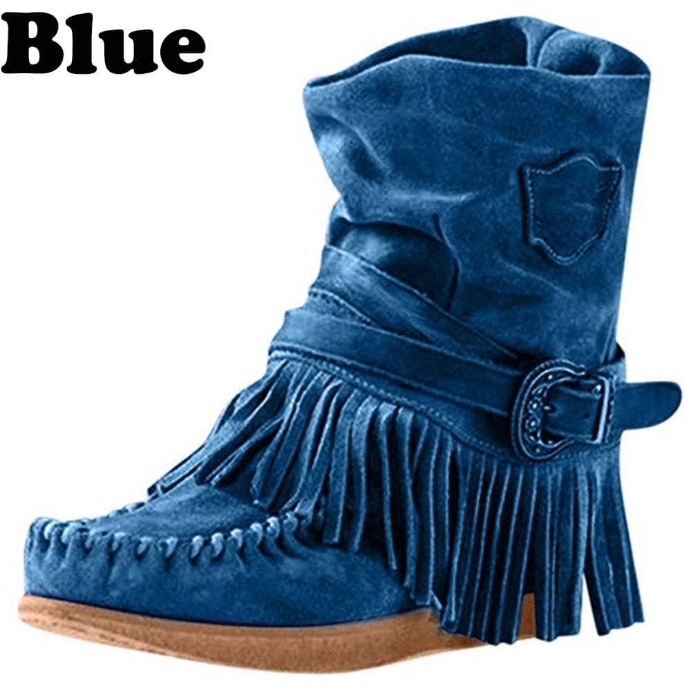 Women's Fahion Winter Round Head Flat Heels Fringe Ankle Boots Ladies Retro Suede Leather Short Tube Thick Tassel Ankle Snow Booties Plus Size 35-43 39 blue