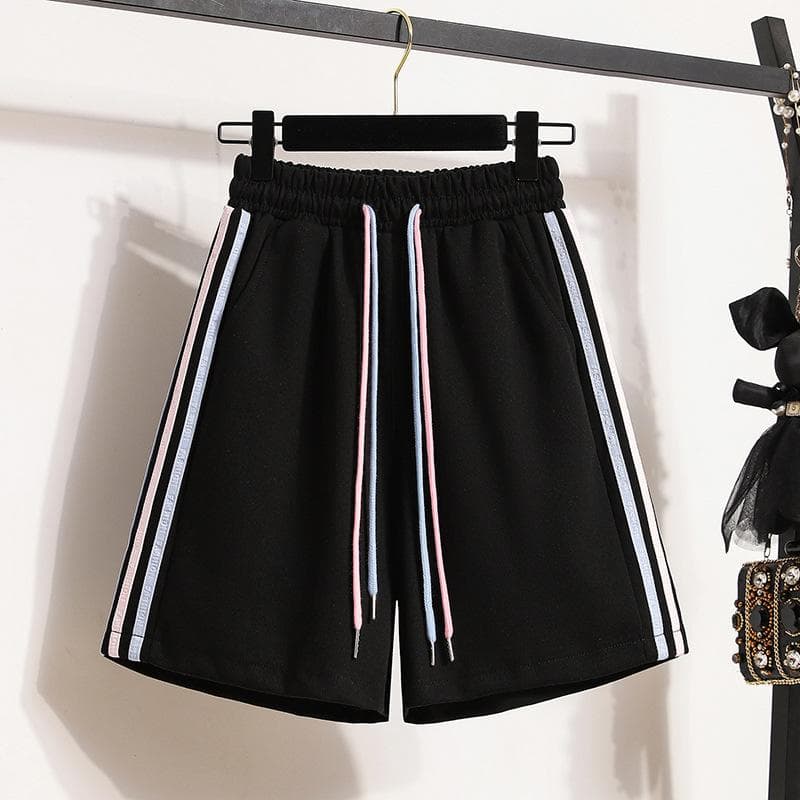 Summer New Casual Shorts Women's Five-point Pull-up High-waisted Sports Middle Pants A-shaped Loose Version Wide-leg Pants 2XL black
