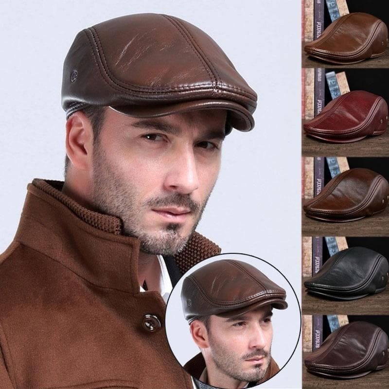 Men's Genuine Leather Beret Hunting Cap Cowhide Leather Warm Hat for Men L(55-56cm) brown