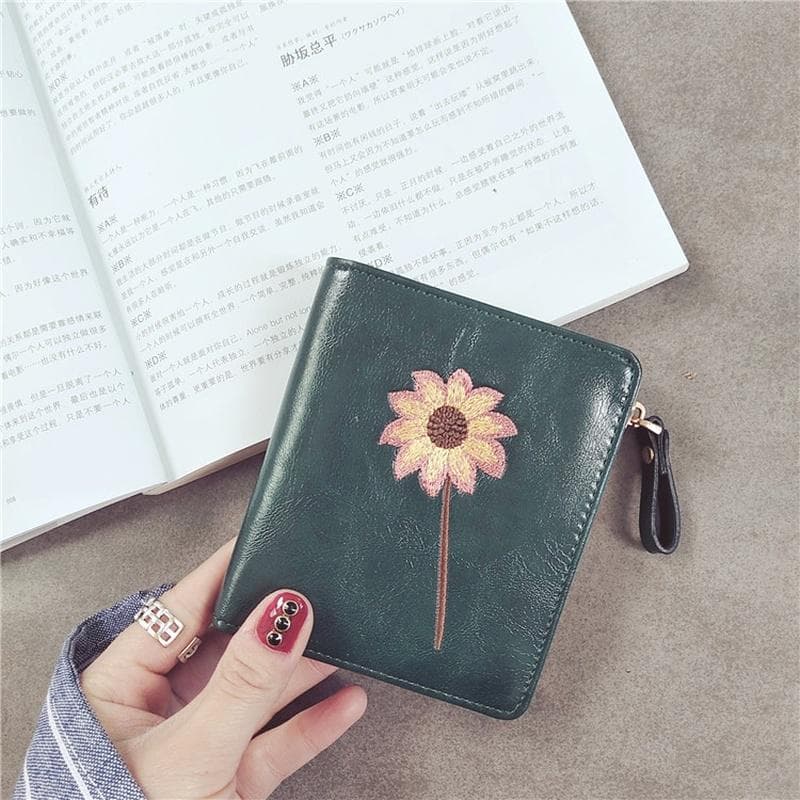 Flower Embroidery Purse Small Walet Credit Card Holder Money Bag green