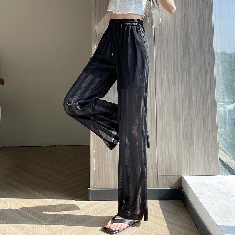 New Ice Wire Mesh Wide-leg Pants for Women In Summer Thin Sun Protection Cool Chiffon Slit Straight Casual Pants XL black