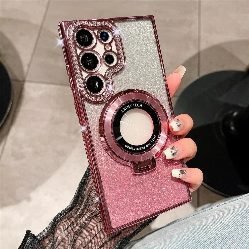 Luxury Plating Gradient Glitter Diamond Stand Holder Magnetic Magsafe Case For Samsung Galaxy S24 S23 Ultra S22 Plus/iphone 15 14 13 12 11 Pro Max Samsung S23 ultra pink