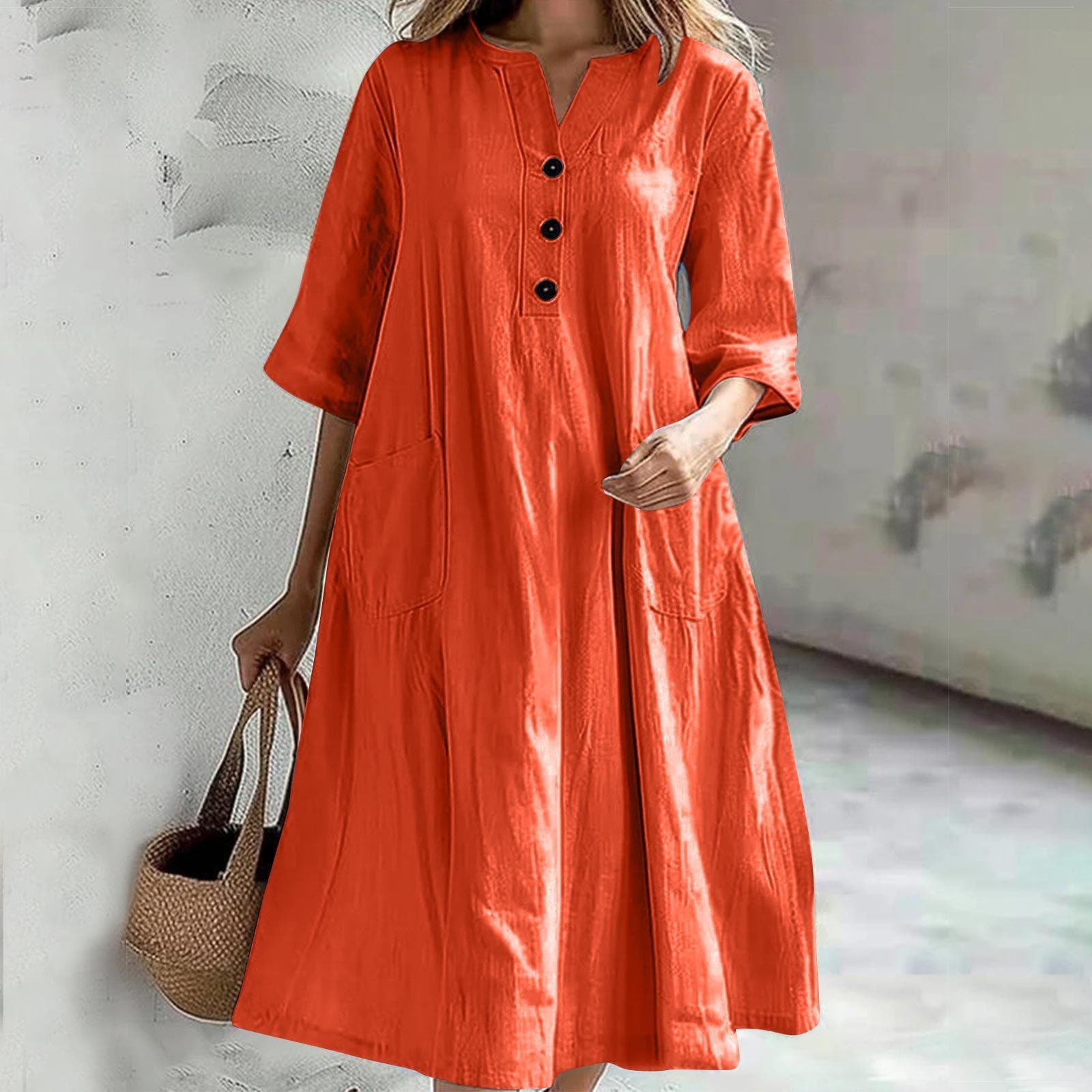 Women's Dress Women's Medium and Long V-neck Half-sleeve Cotton and Linen Loose Version Three-button Pocket Dress 3XL orange