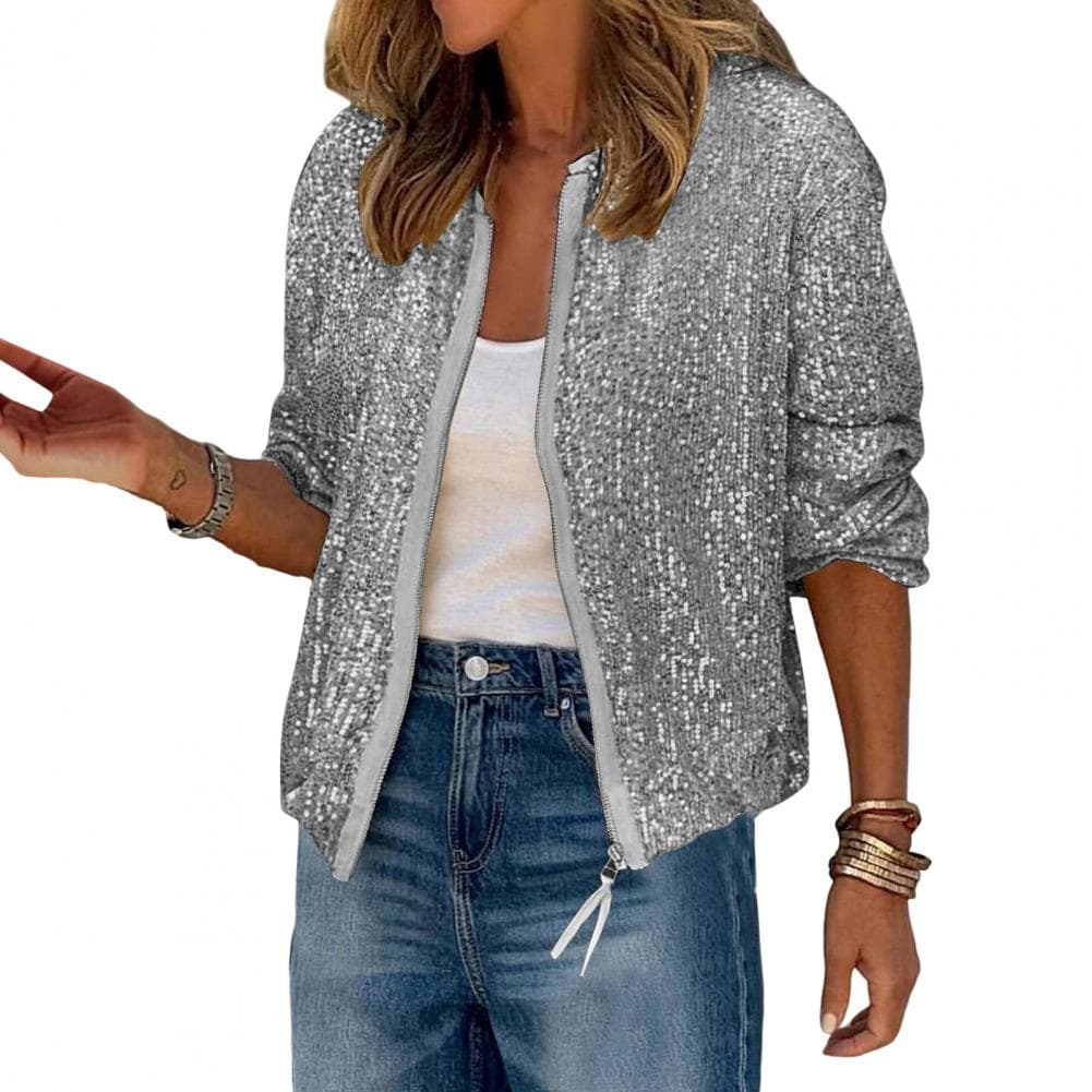 Lady Coat Glittering Sequin Round Neck Zipper Closure Long Sleeves Cardigan Short Type Loose Club Performance Stage Party Jacket XL grey