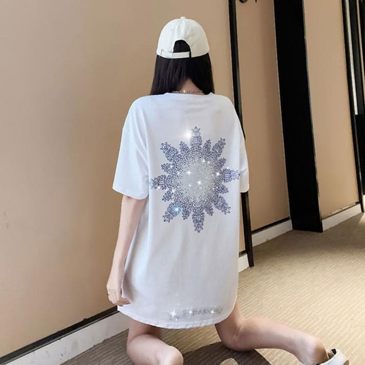 New Summer Style Gradient Snowflake Ironing Diamond Short-sleeved Round Neck T-shirt Women's Mid-length Loose Top XXXL white
