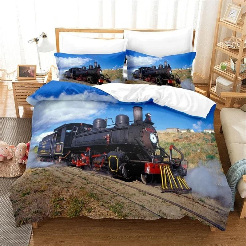 3D Train Steam Engine Bedding Set,Duvet Cover Comforter Bed Set Quilt Cover Pillowcase,King Queen Twin Size Boys Girls Adults 210x210cm 3pcs