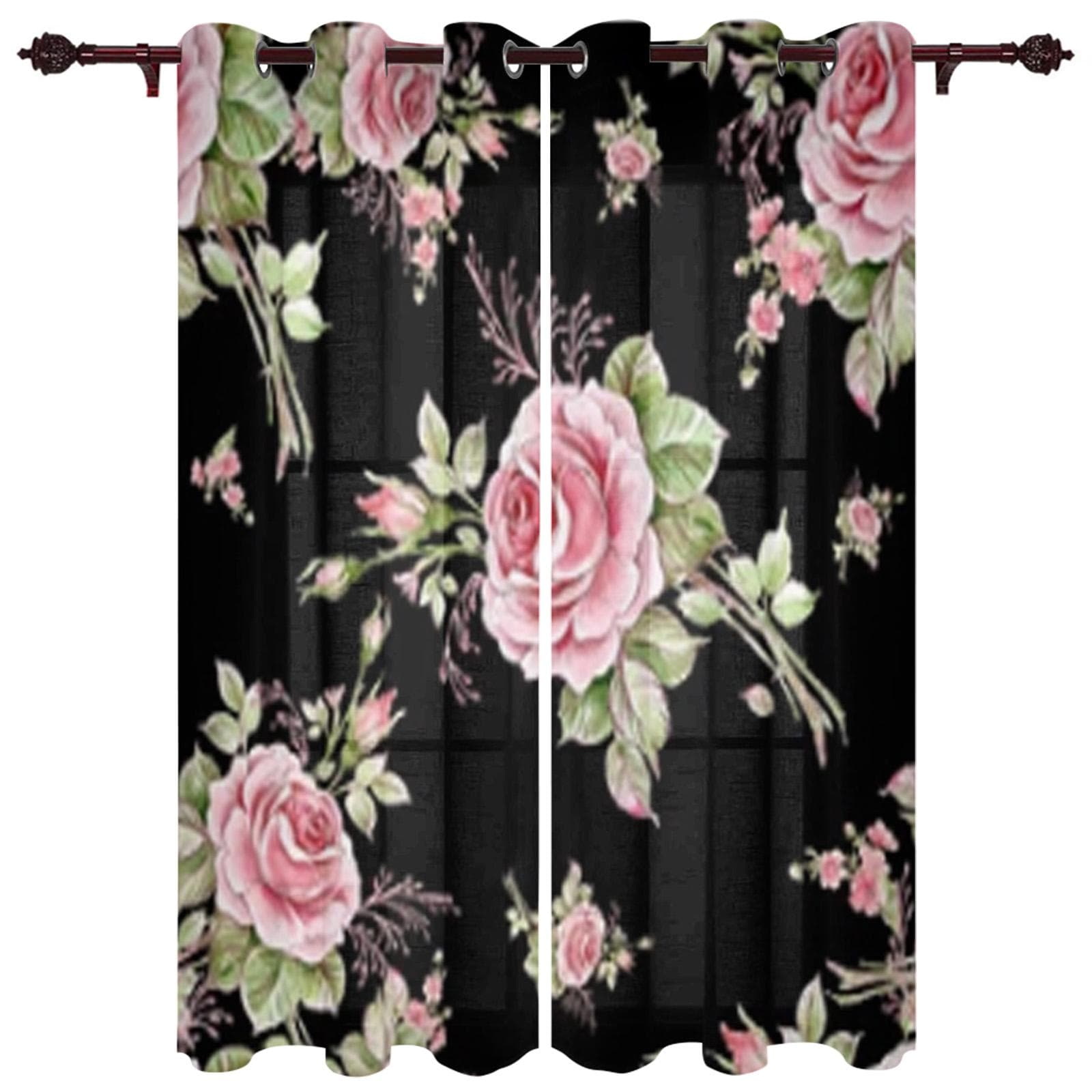 Pink Rose Romantic Window Curtains Kitchen Drapes Panel Home Decor Curtains for Living Room Curtains for Bedroom 135W x 115H(cm)