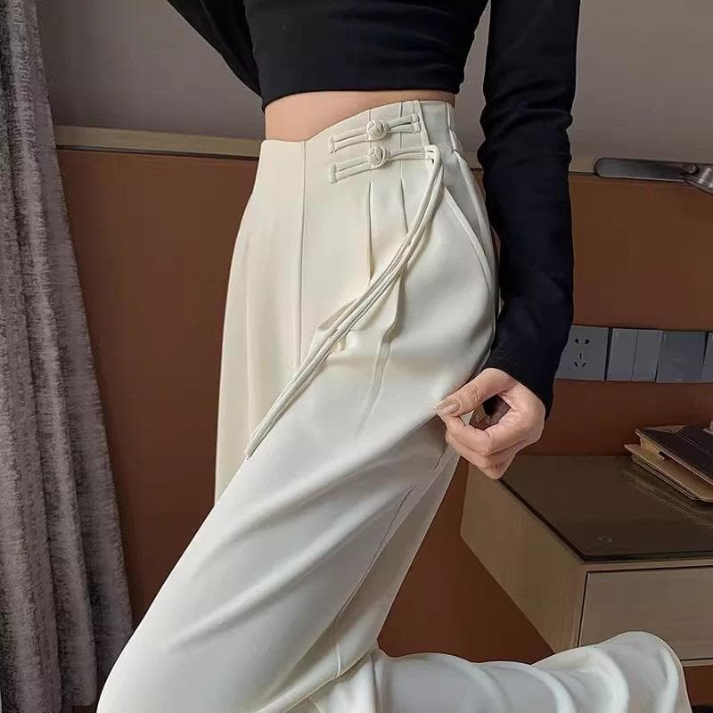 Button Suit Pants Women's Spring and Summer Small High Waist Drooping and Thin Casual Loose Straight Wide-leg Pants 2XL white