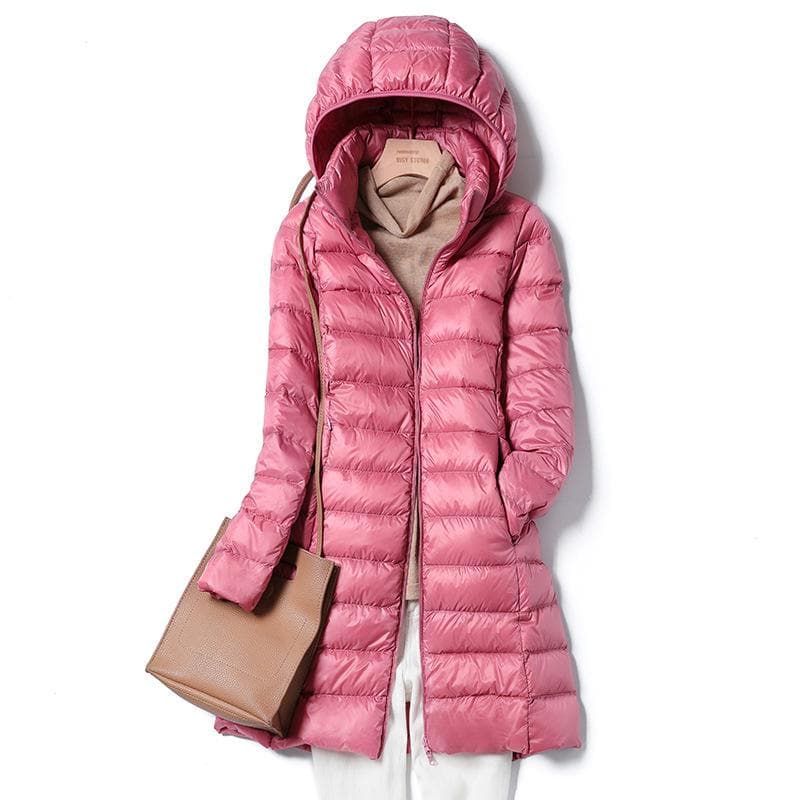 Women Fall Winter Stand Collar Hooded Solid Color Zipper Long White Duck Down Jacket S-7XL XXL pink