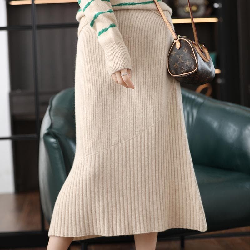 Women's 100% Pure Wool Striped Mid-Length Skirt: Versatile, Slimming, High-Waist, Hip-Wrapped, Knee-Length, Cashmere Knit. L