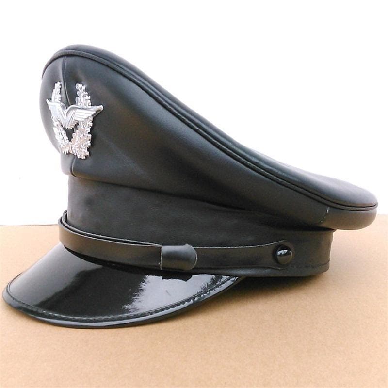 Germany Officer Visor Army Hat Cortical Military Police Leather Cap Cosplay Halloween Christmas Gift Spring Festival New Year L black
