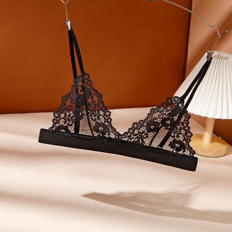Lace bra without steel ring tube top thin no chest pad deep V bras lace floral sexy bra Bralette lingerie L black