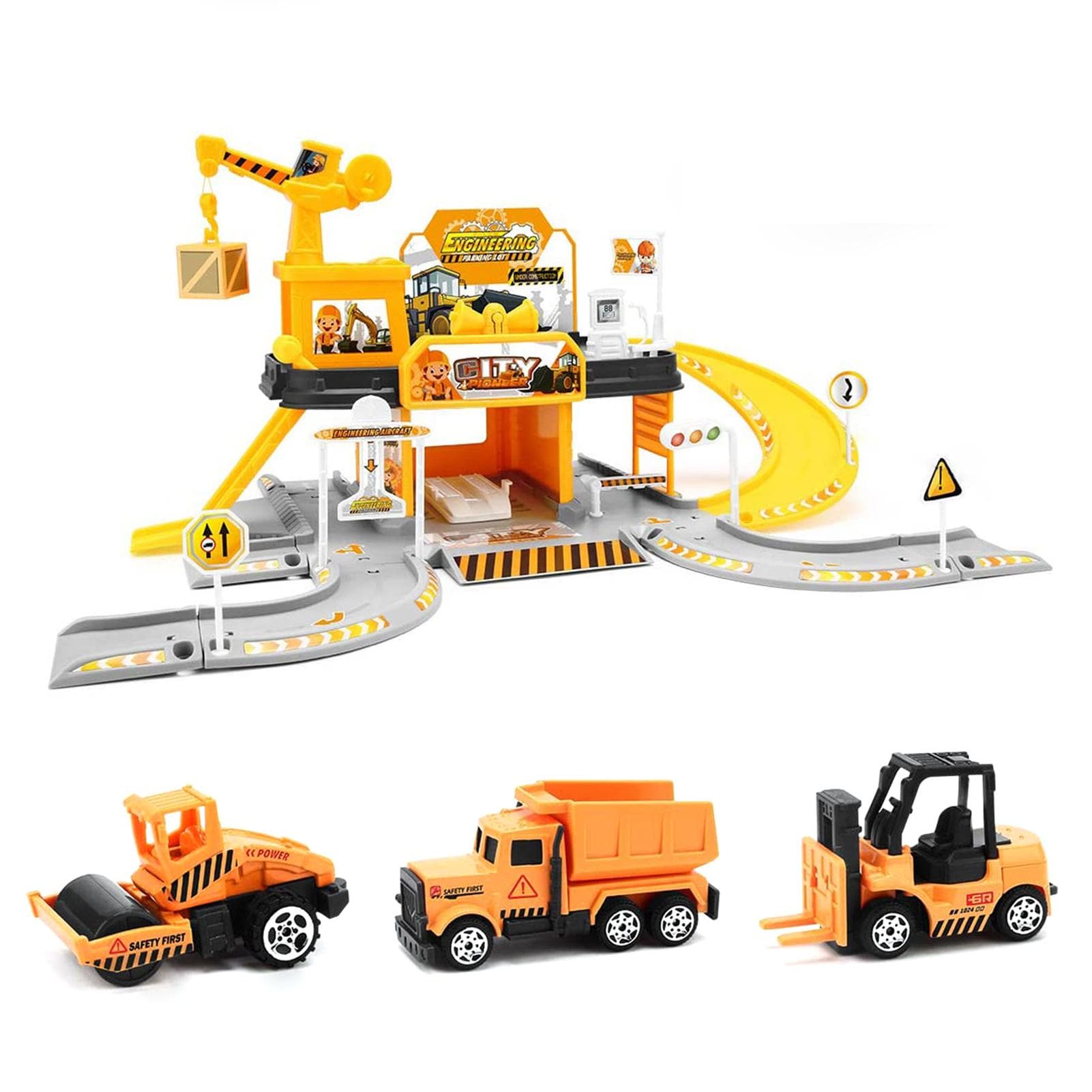 Garage Toy Set Car Vehicle Building Parking Lot Race Tracks for Boys with Light Sound 3pcs Alloy Car yellow