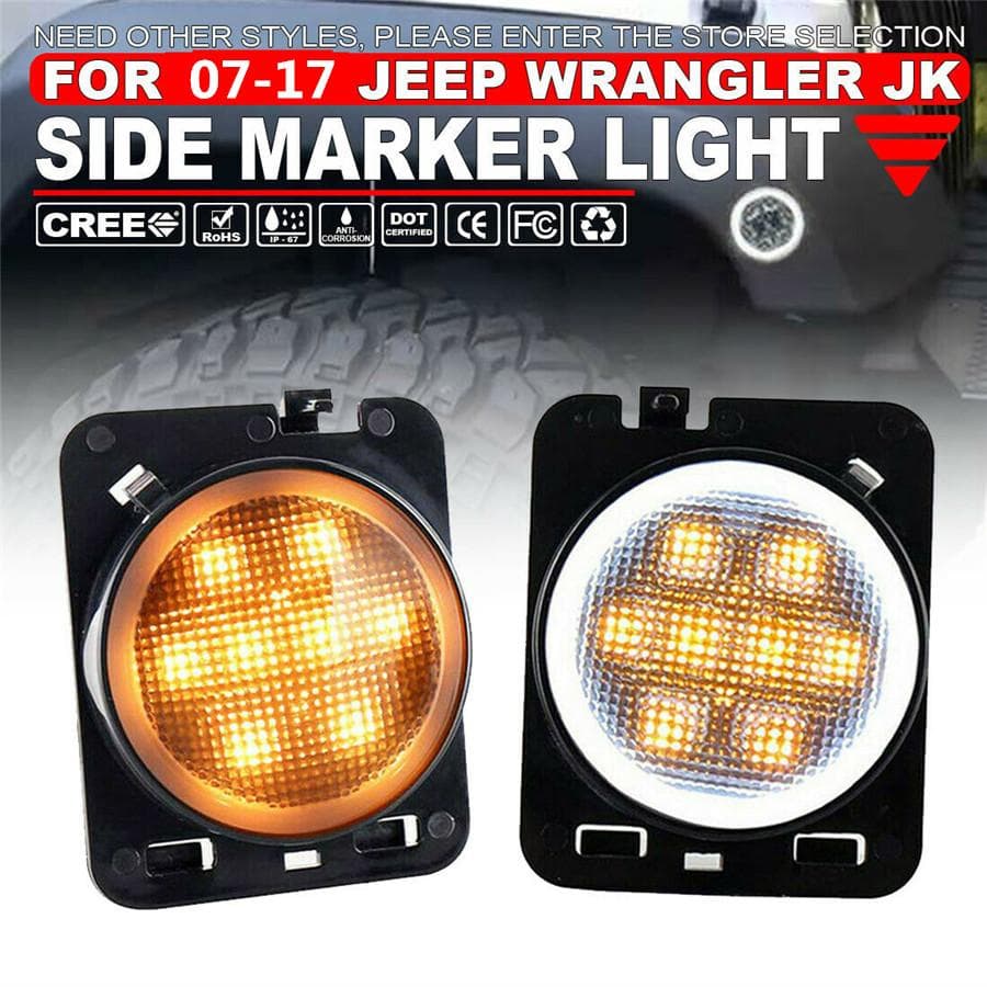 2 Pcs Front Fender Side Marker LED Light w/ Halo Ring for 07-18 Jeep Wrangler JK