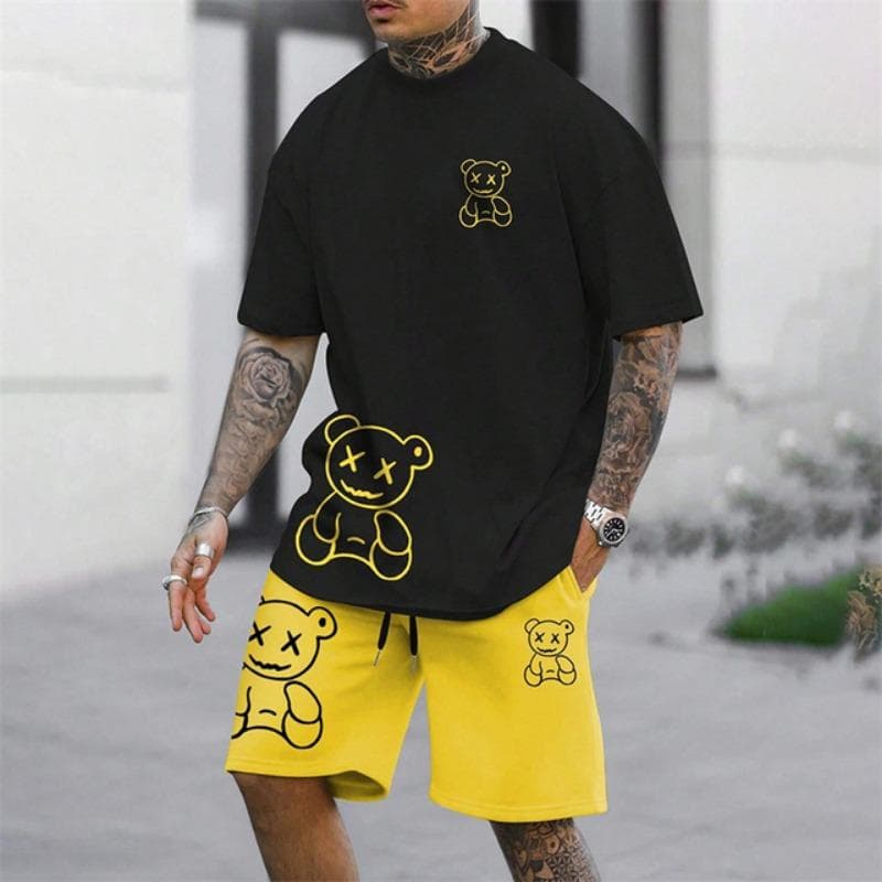2025 Fun Bear Harajuku T-Shirt Men's Summer Loose Daily Couple Suit Outdoor Street Short Sleeve Shorts Two Piece Men Summer Suit XL