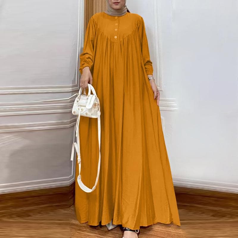 ZANZEA Women Casual Long Sleeve O-neck Solid Color Loose Maxi Dress 5XL yellow