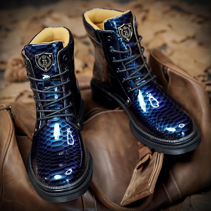 New Men's British Leather Boots Large Size Imitation Snake Print Discoloration Martin Shoes Men's Casual Boots 44 blue