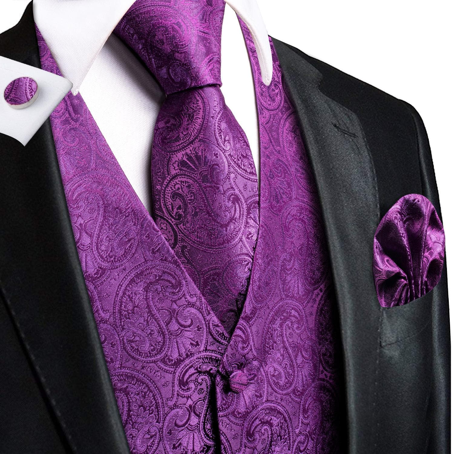 Hi-Tie Mens Waistcoat Silk Paisley Floral Tie Handkerchief Cufflinks SET Formal M