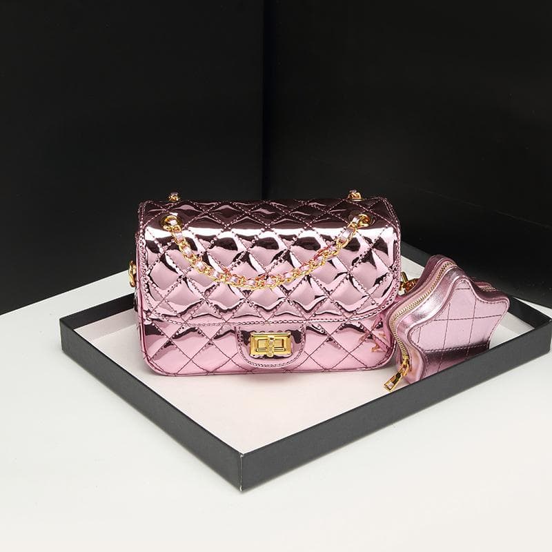 High Sense Fashion Small Fragrant Wind Diamond Chain Bag Female Bright Face Design Single Shoulder Crossbody Small Square Bag pink