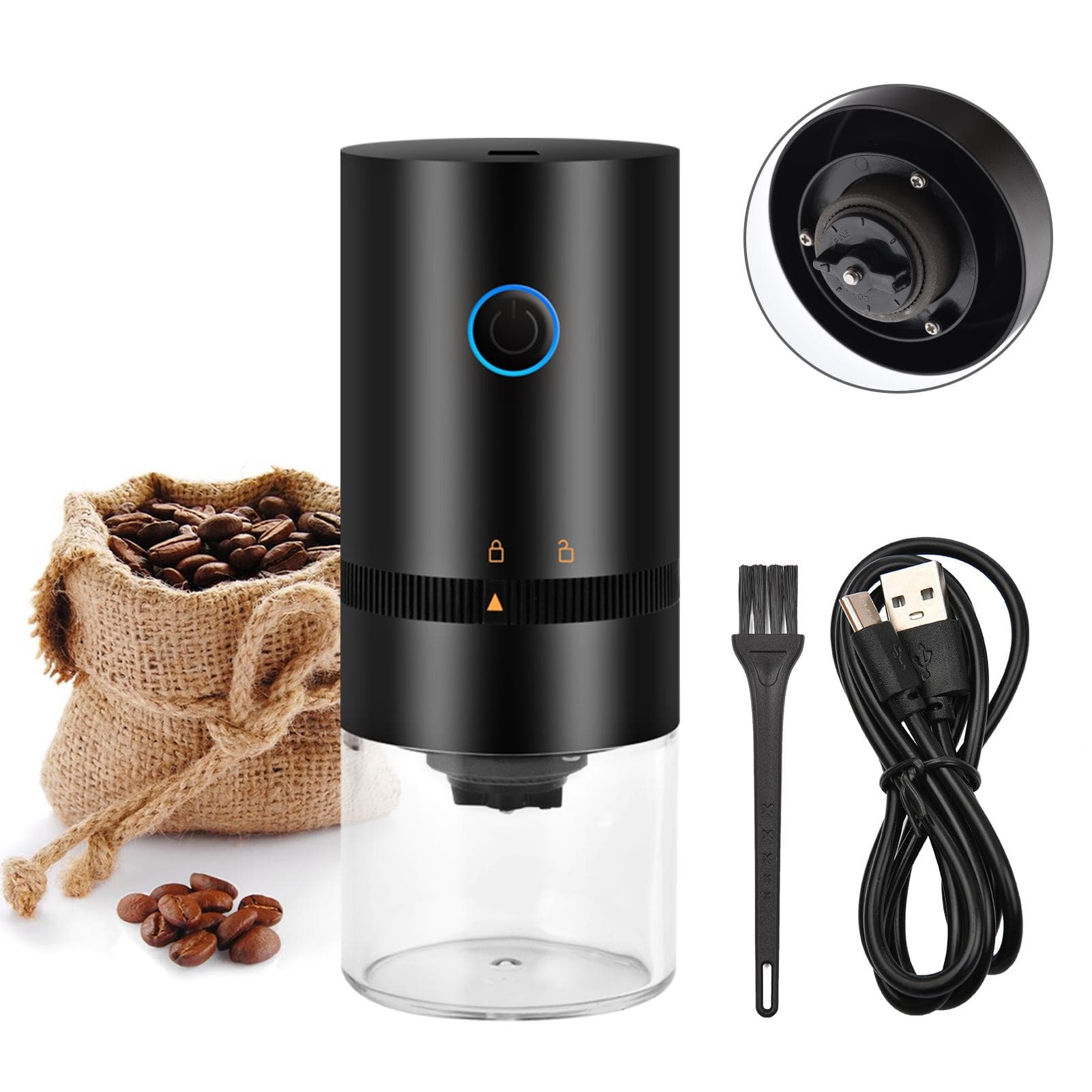Portable Mini Electric Burr Coffee Grinder with Adjustable Coarse Fine Grinding Removable Chamber black