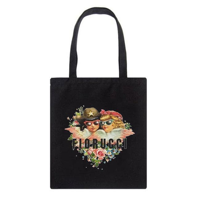 Fiorucci Letter Angel Cartoon Casual Vintage Large-capacity Fashion Harajuku Canvas Bag Hip Hop Shopping Bag Women Shoulder Bags 24*26cm
