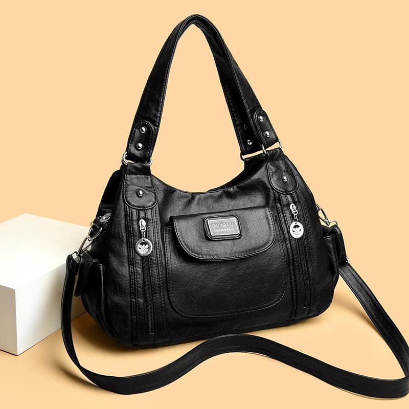 Fashion Large Purses for Women Handbags Washed PU Leather Hobo Satchel Shoulder Handbag Tote Purse With Crossbody Strap Women's Top Handle Satchel Bag black