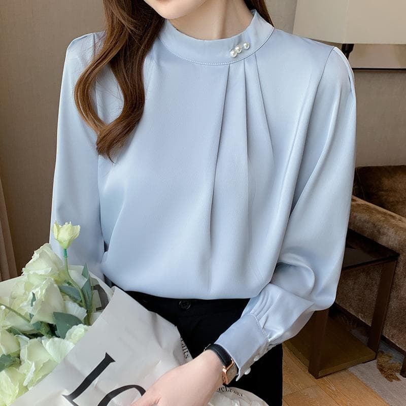 Satin Shirt for Women Long-sleeved Stylish Beaded Top for Winter New Style Plus Velvet Professional Niche Stand Collar Shirt 2XL