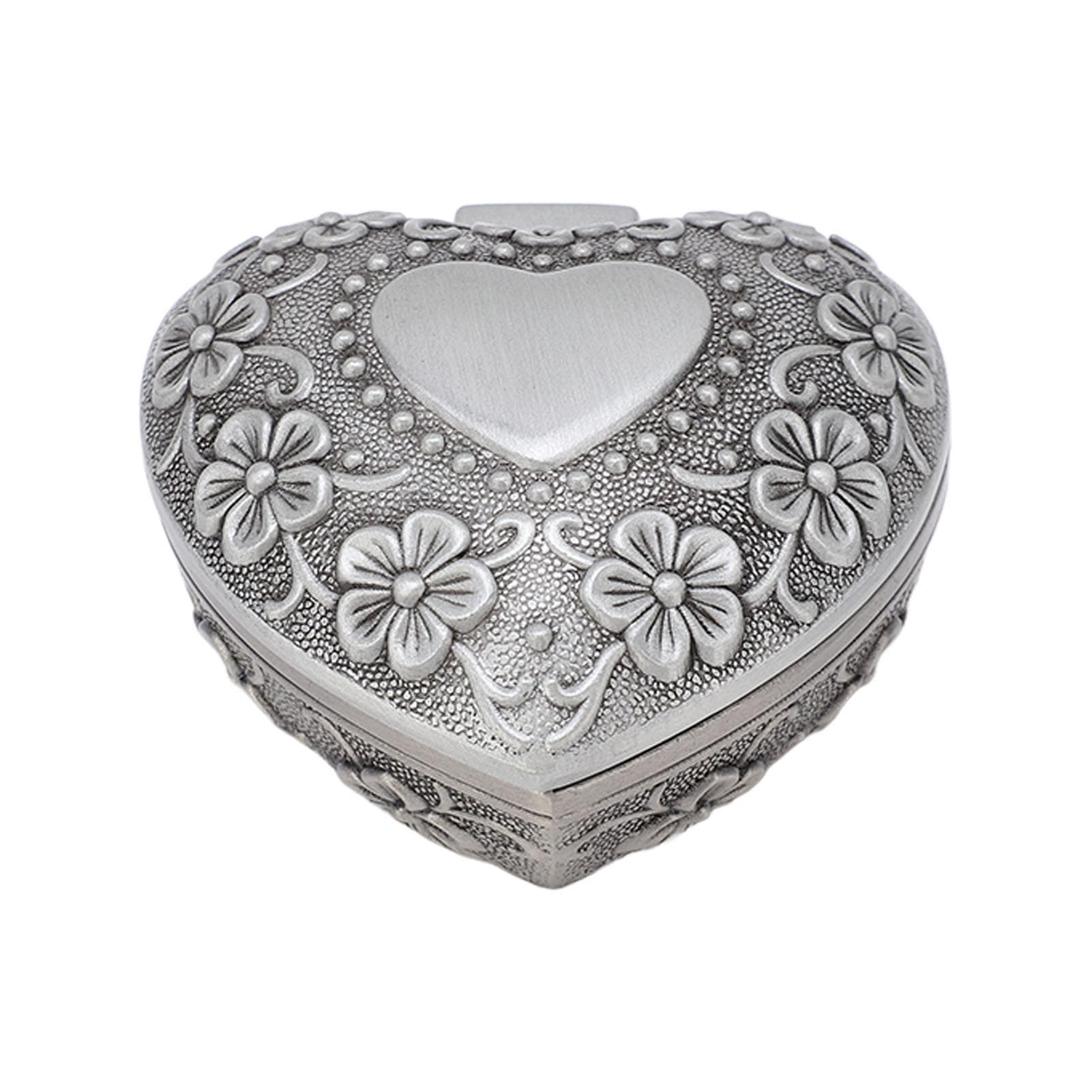 Heart Shaped Jewelry Box Retro Flower Carving Pattern Heart Shaped Metal Jewelry Box for Jewelry