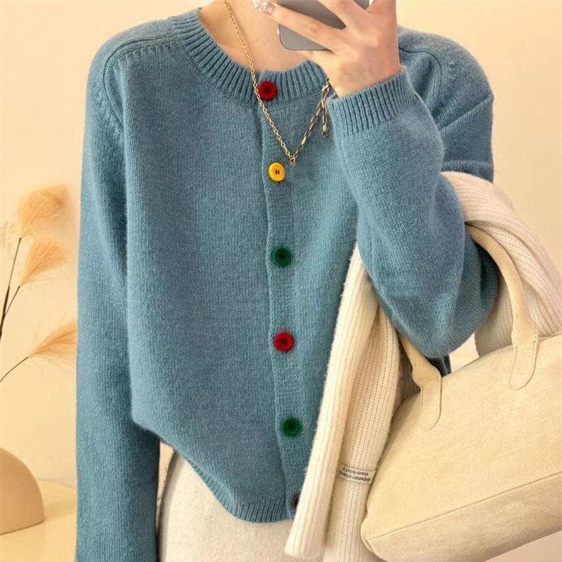 Japanese Sweet and Fresh Round Neck Colorful Button Knitwear Coat Academy Style Western Versatile Sweater Women's Cardigan One Size blue