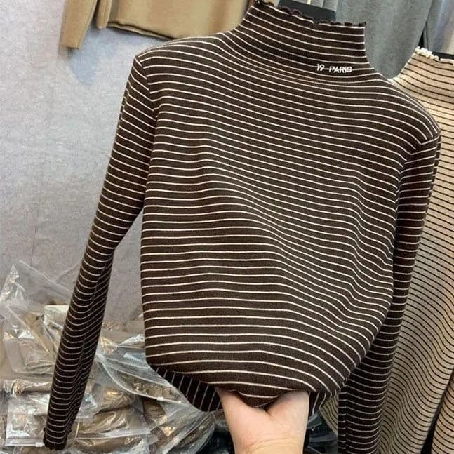 High-necked Striped Versatile Thermal Bottoming Shirt Women's Autumn and Winter New Fungus Edge Long-sleeved T-shirt XXXL dark brown