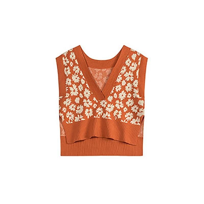 WTEMPO Female Vintage Loose Knitted Waistcoat Printed Sleeveless Loose Casual Oversized Sweater Vest XL orange