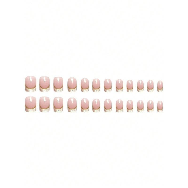 24pcs Short Square Fake Nails , Nude Base Color With Glitter Tips And Gold Lines, Salon Easy To Apply, For Office And Date Night Nail Art Supplies