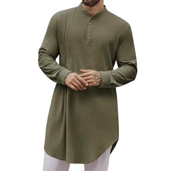 Men's Cotton Linen Kaftan Long Sleeve O-Neck Robe Solid Color Button-up Collar Thobe Breathable Arabic Clothing for Prayers Casual Wear XXL army green