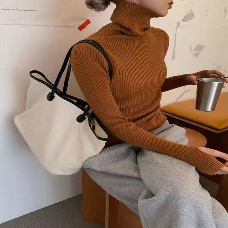 Women heaps collar Turtleneck Sweaters Autumn Winter Slim Pullover Women Basic Tops Soft Knit Sweater Soft Warm Jumper S brown