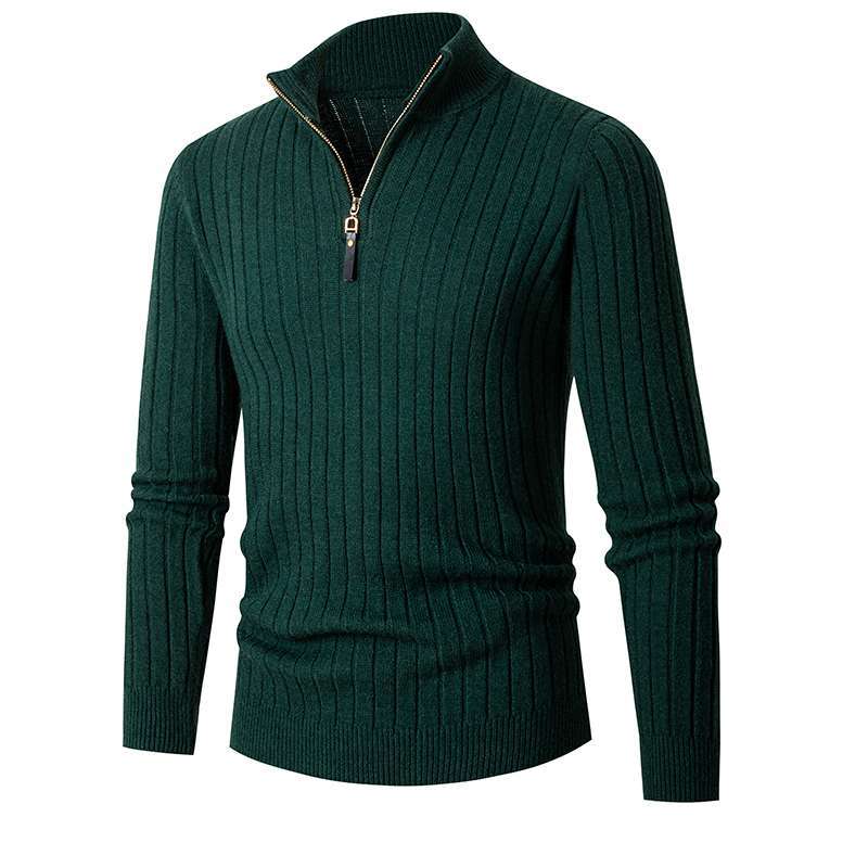 Casual Semi High Neck Zipper Long Sleeved Knitted Sweater Men's Winter Striped Jacquard Minimalist Pullover Sweater 3XL dark green