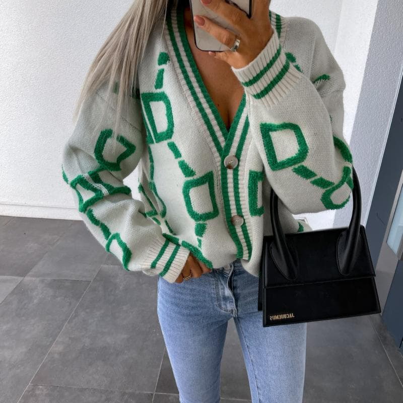 Autumn Winter Vintage Knitted Sweater Women Letter Printed Cardigan Women V Neck Long Sleeve Loose Casual Jumper Tops L white