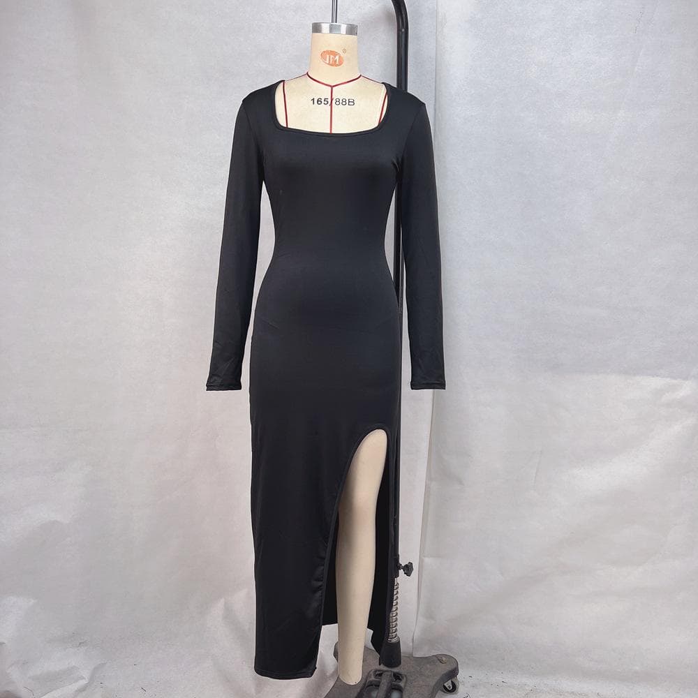 Women's Autumn New Style Square Collar Long Sleeve Solid Color Slit Sexy Slim Dress XL black