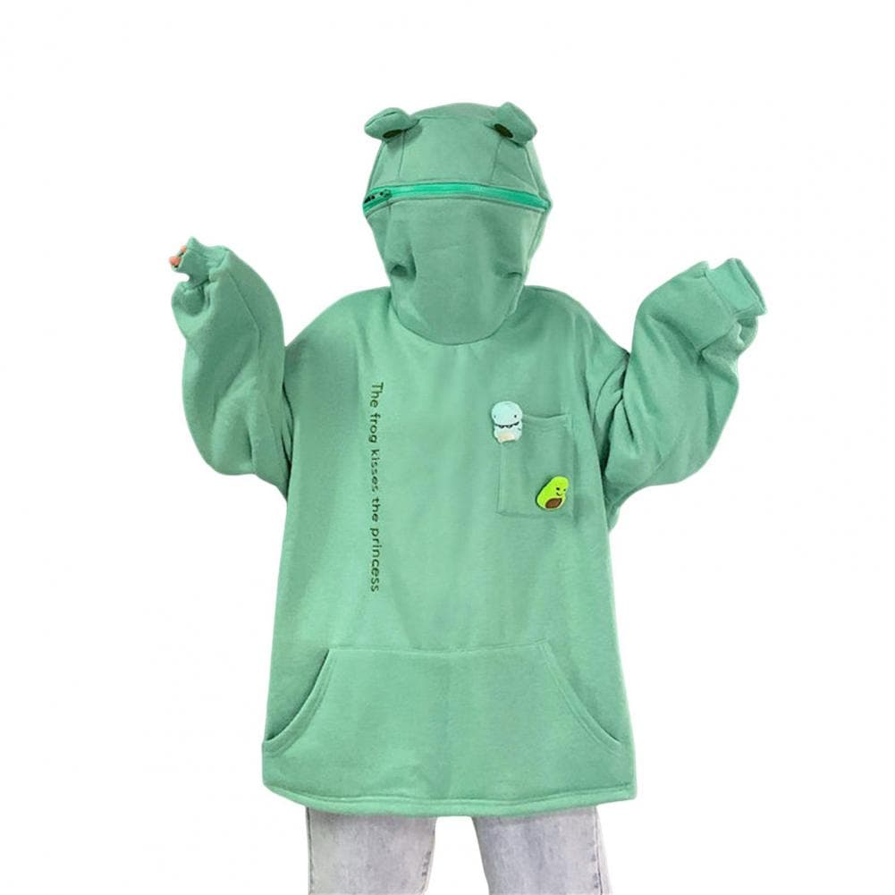 Unisex Fall Winter Hoodie Frog Shape Zipper Hood Thickened Plush Warm Letter Embroidery Big Pocket Long Sleeves Couple Commuting XXL green