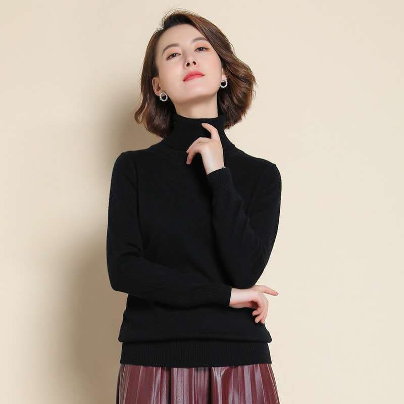 Wool Pure Cashmere Sweater Women's Knitted Turtleneck Cashmere Pullover Elasticity Pull High Neck Knitting Sweaters M black