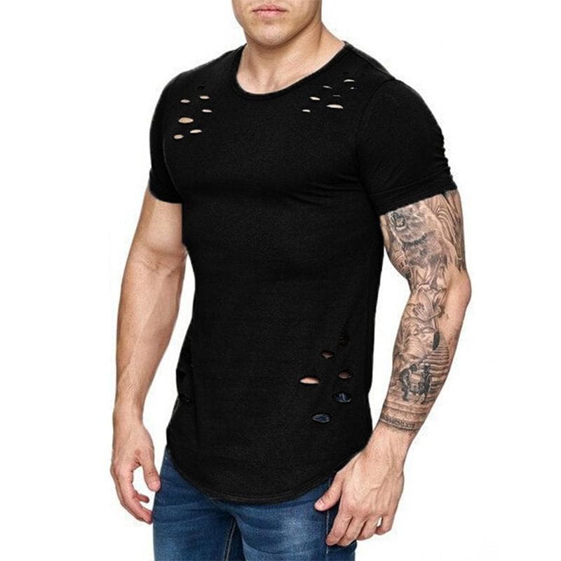 Summer T-Shirt Men Fashion Hole Distressed Fitness T Shirt Short Sleeve Solid Slim Fit Hip Hop T-shirt Yasheng 3XL black