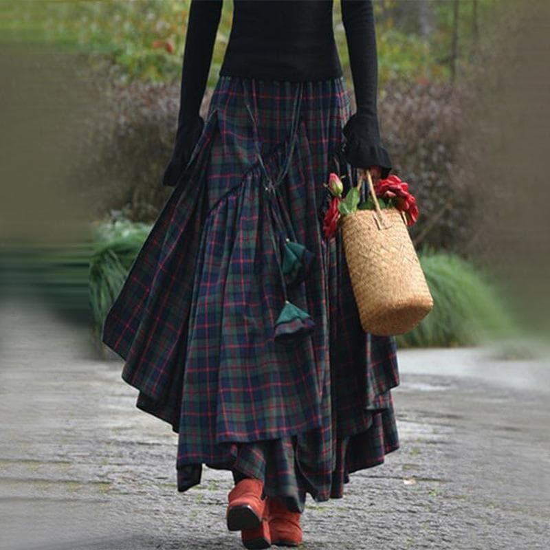 Retro Folk Style Women Fashion Plaid Maxi Skirt Splice Irregular Swing Pleated High Waist Long Skirt M green