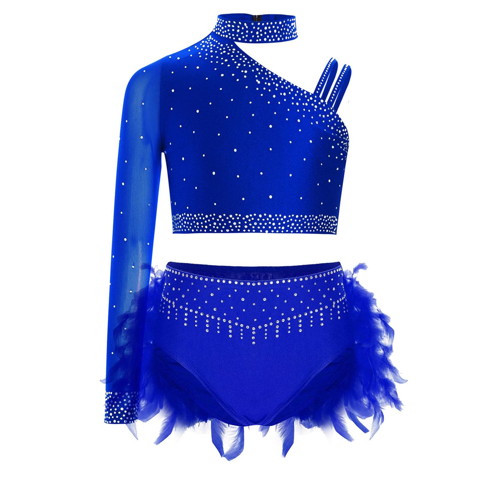 Kids Girls Glittery Dance Costume Set Rhinestone Embellished Crop Top Asymmetric Shoulder and Feather Shorts Outfit 15-16 Years blue
